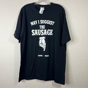 Mens Graphic T Shirt May I Suggest The Sausage Pointing Hand Black Large